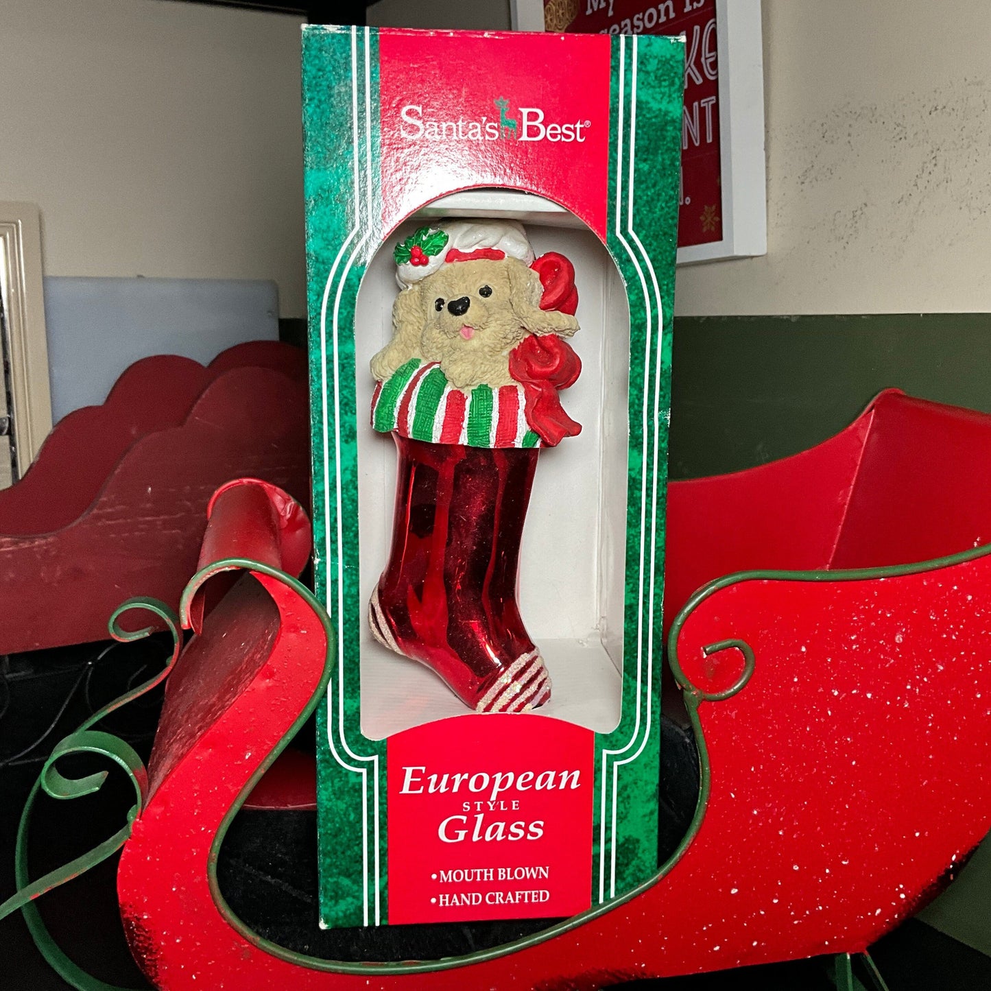Santa's Best set of 2 European Style Glass Nutcracker soldier & puppy in Christmas stocking mouth blown handcrafted ornaments