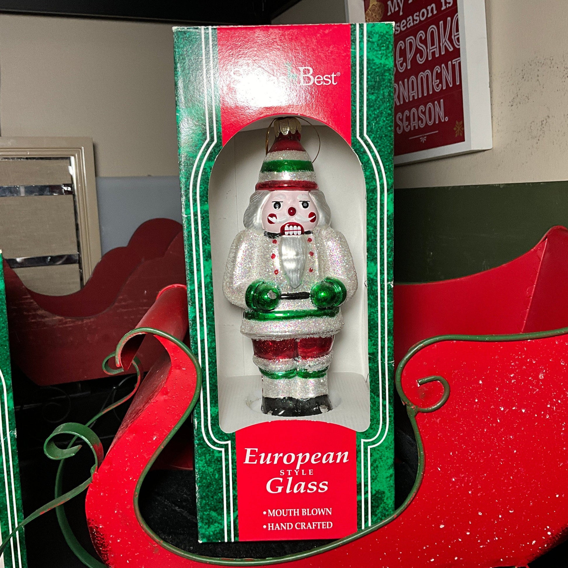 Santa's Best set of 2 European Style Glass Nutcracker soldier & puppy in Christmas stocking mouth blown handcrafted ornaments