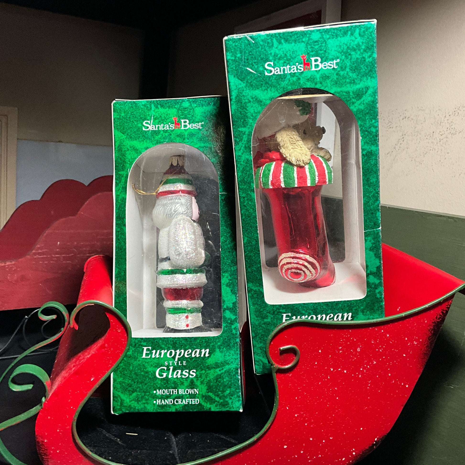 Santa's Best set of 2 European Style Glass Nutcracker soldier & puppy in Christmas stocking mouth blown handcrafted ornaments