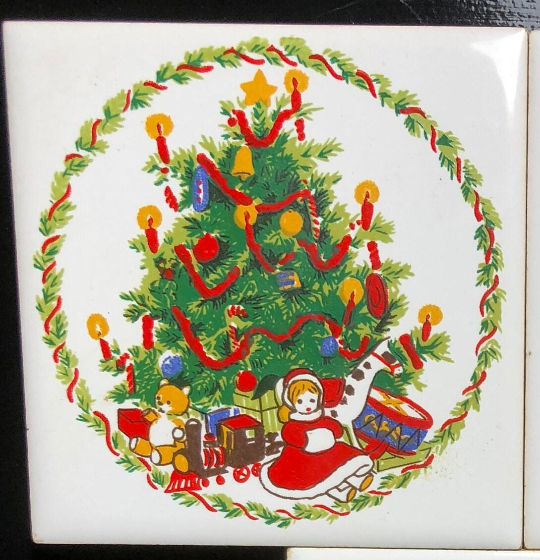 Jasco, Child with Teddy Bear, Christmas Tree, and (2) Two Boy by the Fire, Vintage, 1981, Set of Four (4) Tile Trivets