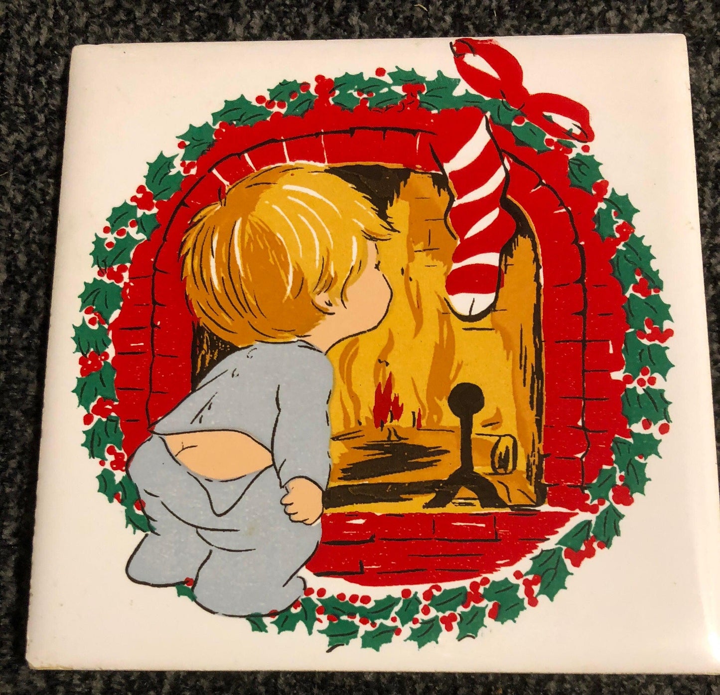 Jasco, Child with Teddy Bear, Christmas Tree, and (2) Two Boy by the Fire, Vintage, 1981, Set of Four (4) Tile Trivets