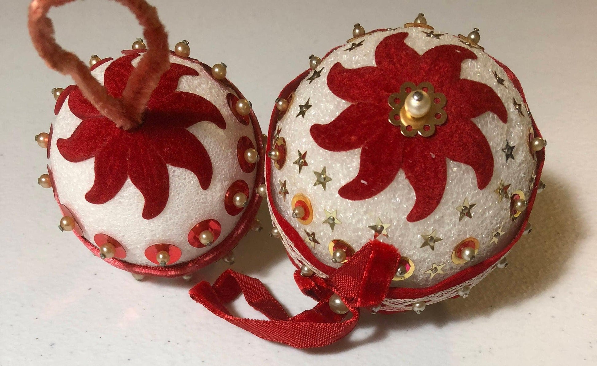 Red Sequin, Set of 2, Vintage Christmas Ornaments