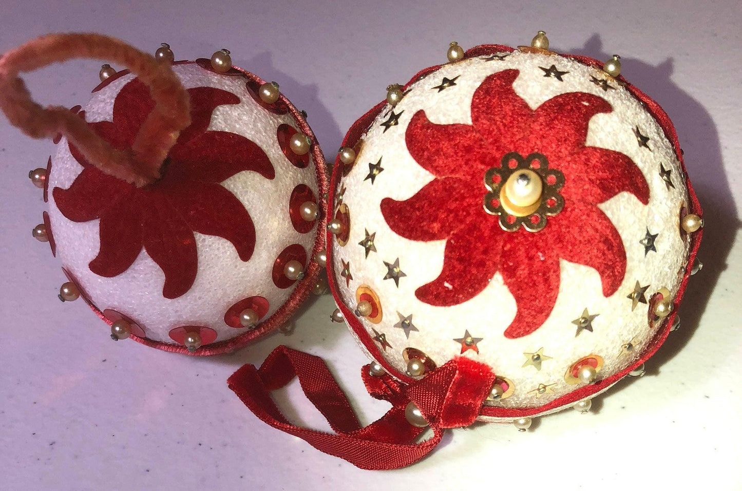 Red Sequin, Set of 2, Vintage Christmas Ornaments