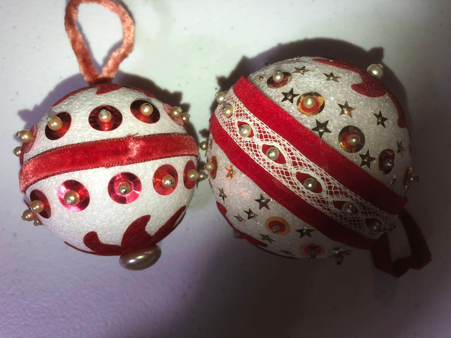 Red Sequin, Set of 2, Vintage Christmas Ornaments