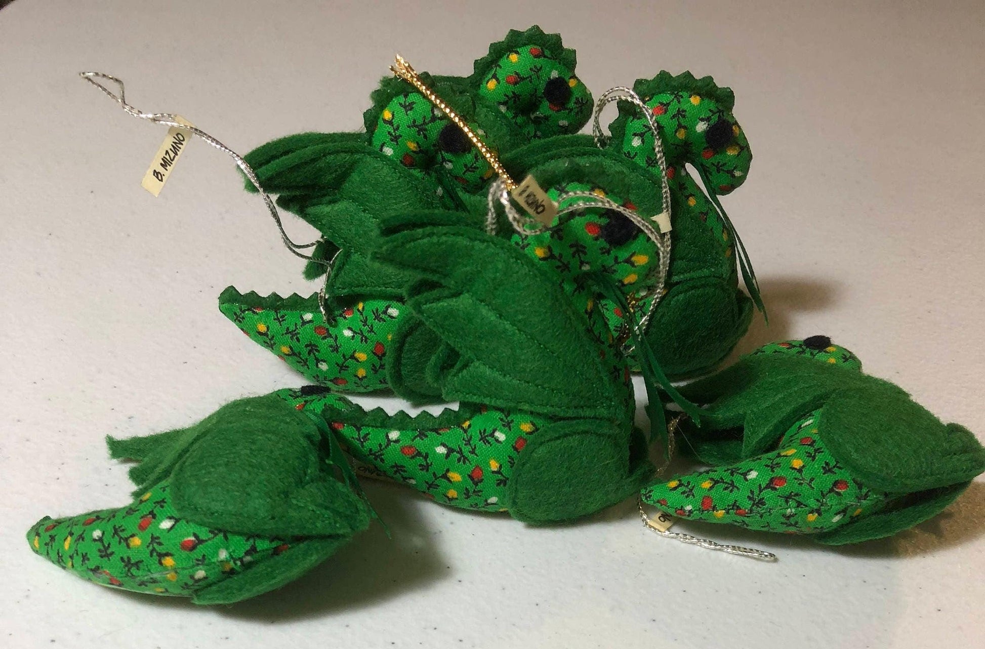 Set of 6, B Mizuno, Green Dragon, Vintage 1983, Christmas Ornaments