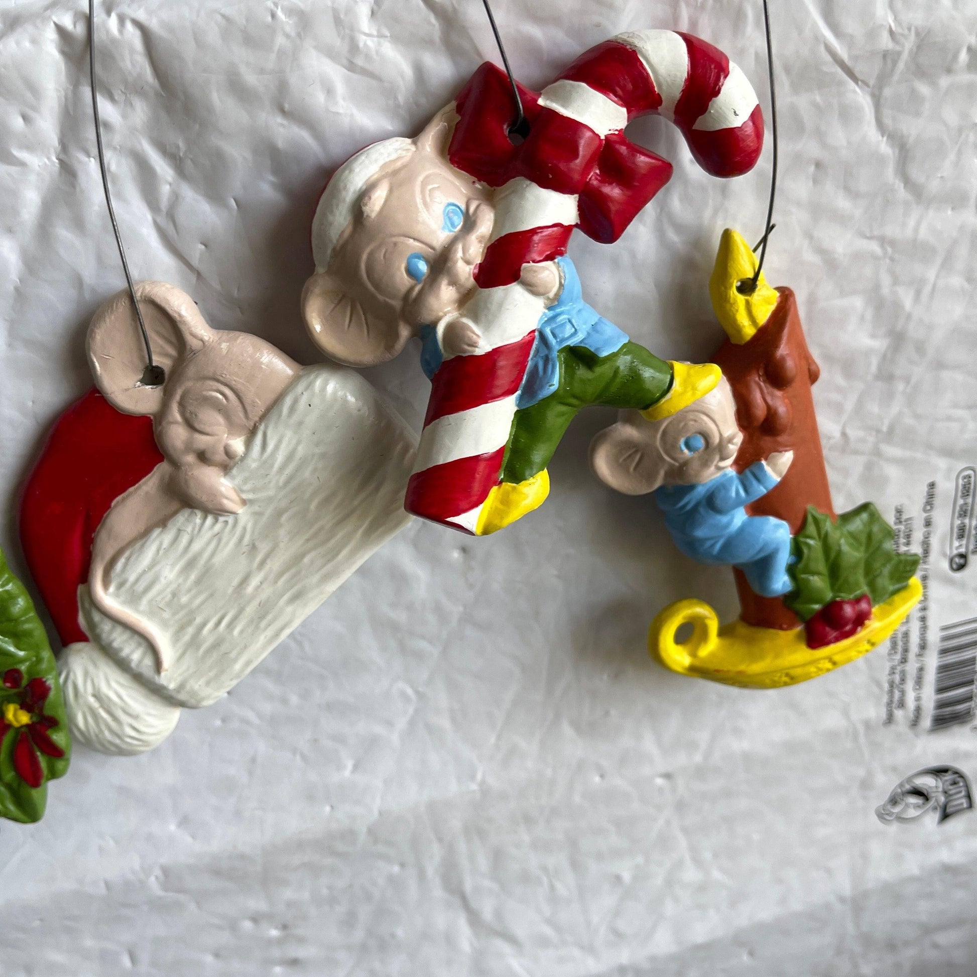 Very Cute Set Of 6 Mice Vintage Molded Plastic Christmas Tree Ornaments