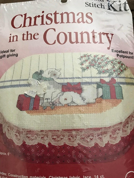 What's New Christmas in the Country Vintage counted cross stitch kit cat and bunny