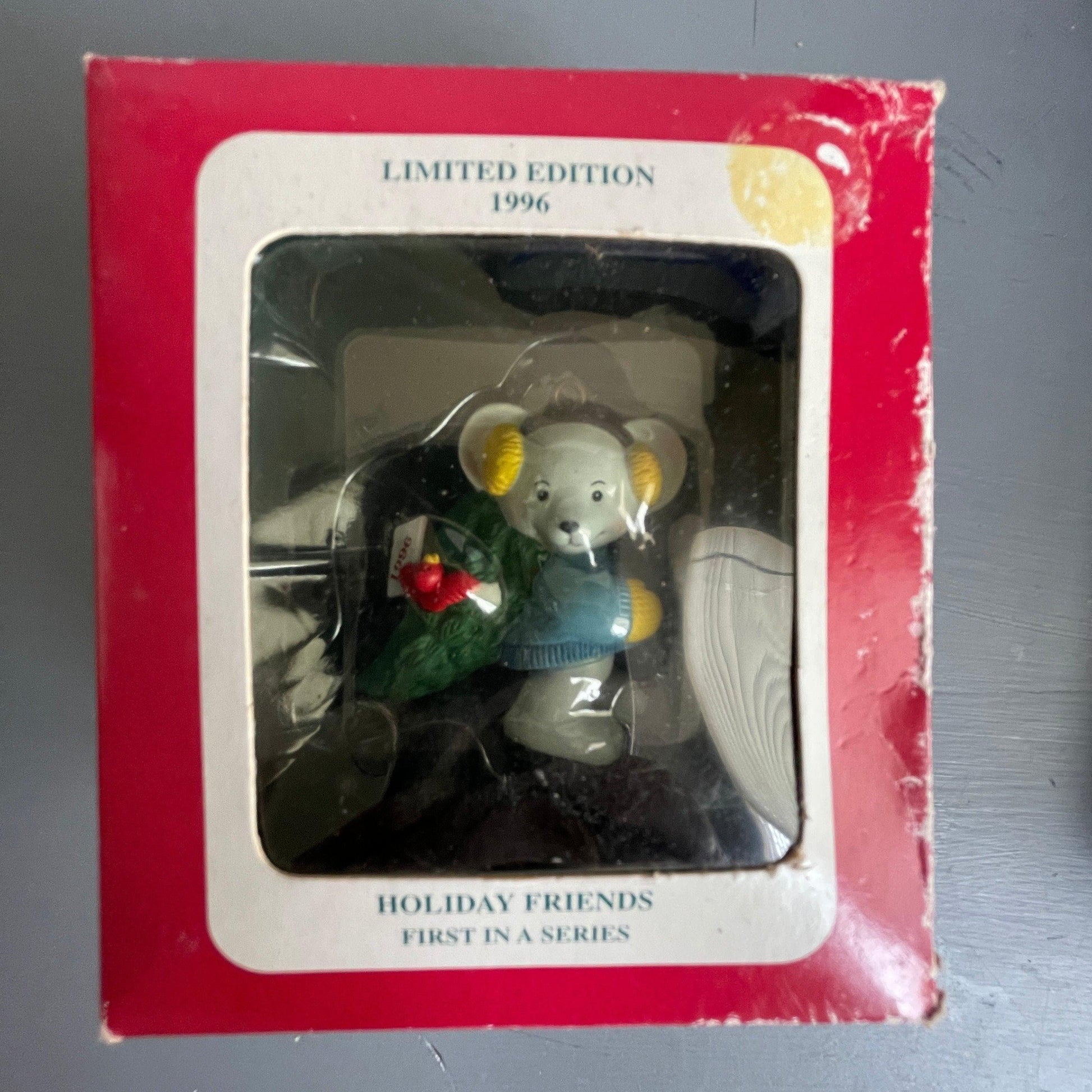 Roundy's Holiday Friends white mouse with red bird and tree first in a series limited edition dated 1996 Christmas ornament*