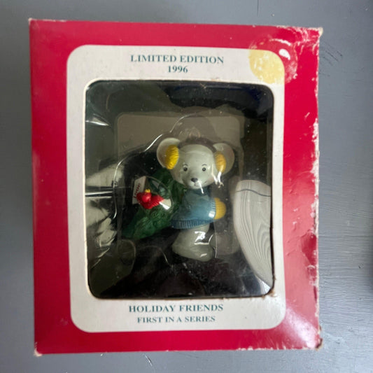 Roundy's Holiday Friends white mouse with red bird and tree first in a series limited edition dated 1996 Christmas ornament*
