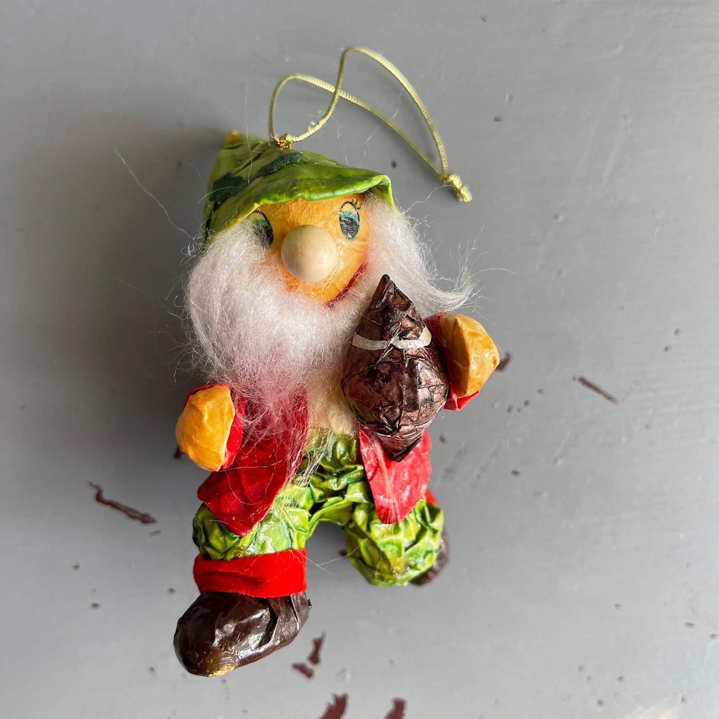 Elf running with the football paper mache' art-craft vintage Christmas ornament