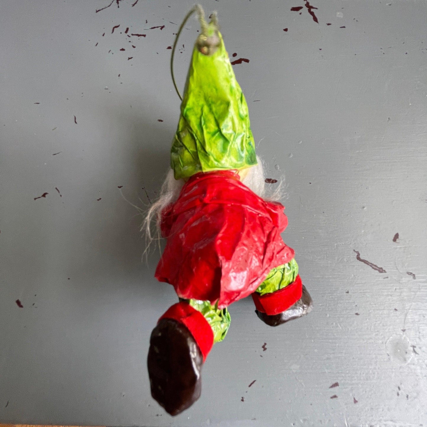 Elf running with the football paper mache' art-craft vintage Christmas ornament