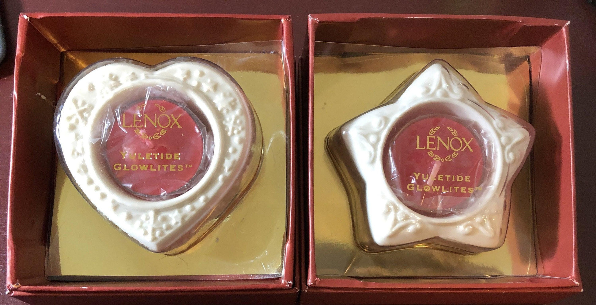 Heart and Star , Tea Lights, Lenox, Yuletide, Glowlites, 1/2 Inch Tea Light Candles Included