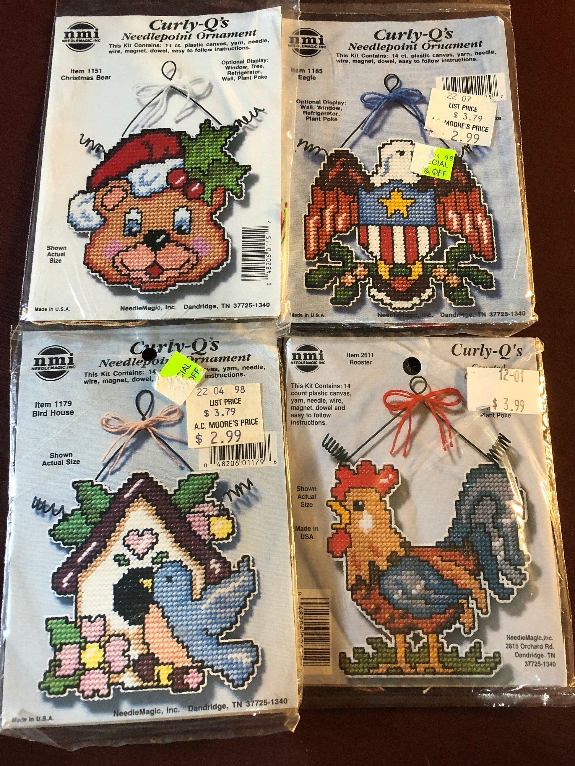 Set of 4 Curly Q's Cross Stitch on Perforated Plastic, Bird House, Rooster, Eagle Christmas Bear