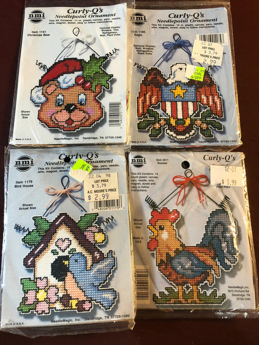 Set of 4 Curly Q's Cross Stitch on Perforated Plastic, Bird House, Rooster, Eagle Christmas Bear