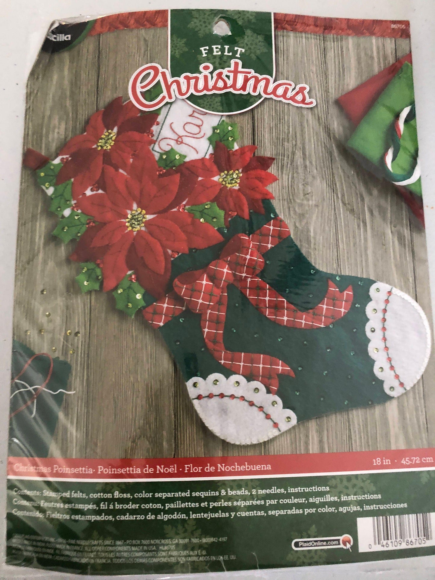 Plaid Bucilla Felt Christmas Christmas Poinsettia Kit 18", Includes Everything You Need to Make This Beautiful Felt Stocking