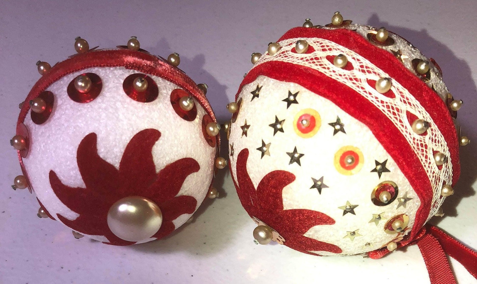 Red Sequin, Set of 2, Vintage Christmas Ornaments