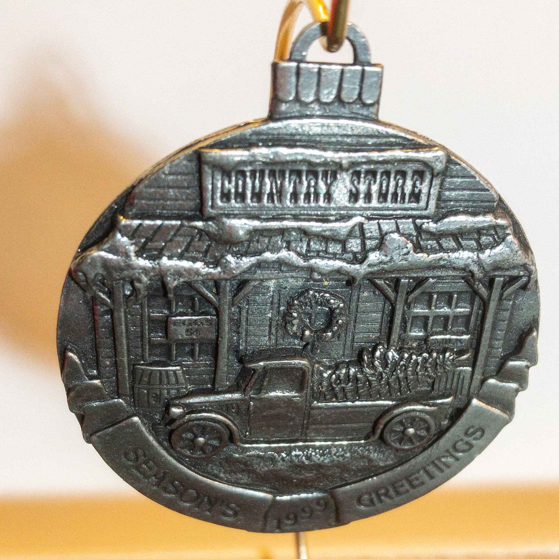 Pewter, Seasons Greetings, Country Store, Pickup & Christmas Tree, Vintage 1990, Ornament