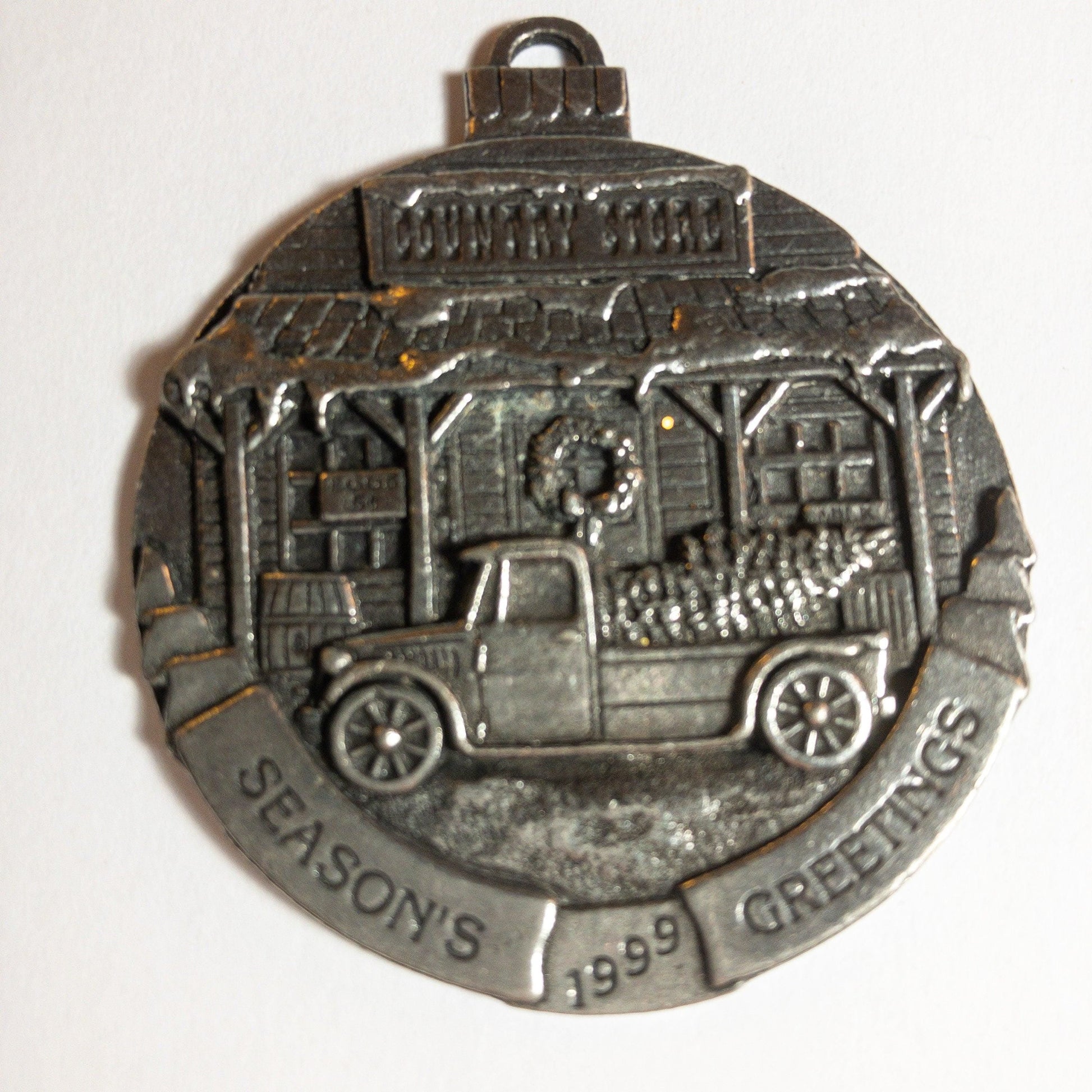 Pewter, Seasons Greetings, Country Store, Pickup & Christmas Tree, Vintage 1990, Ornament