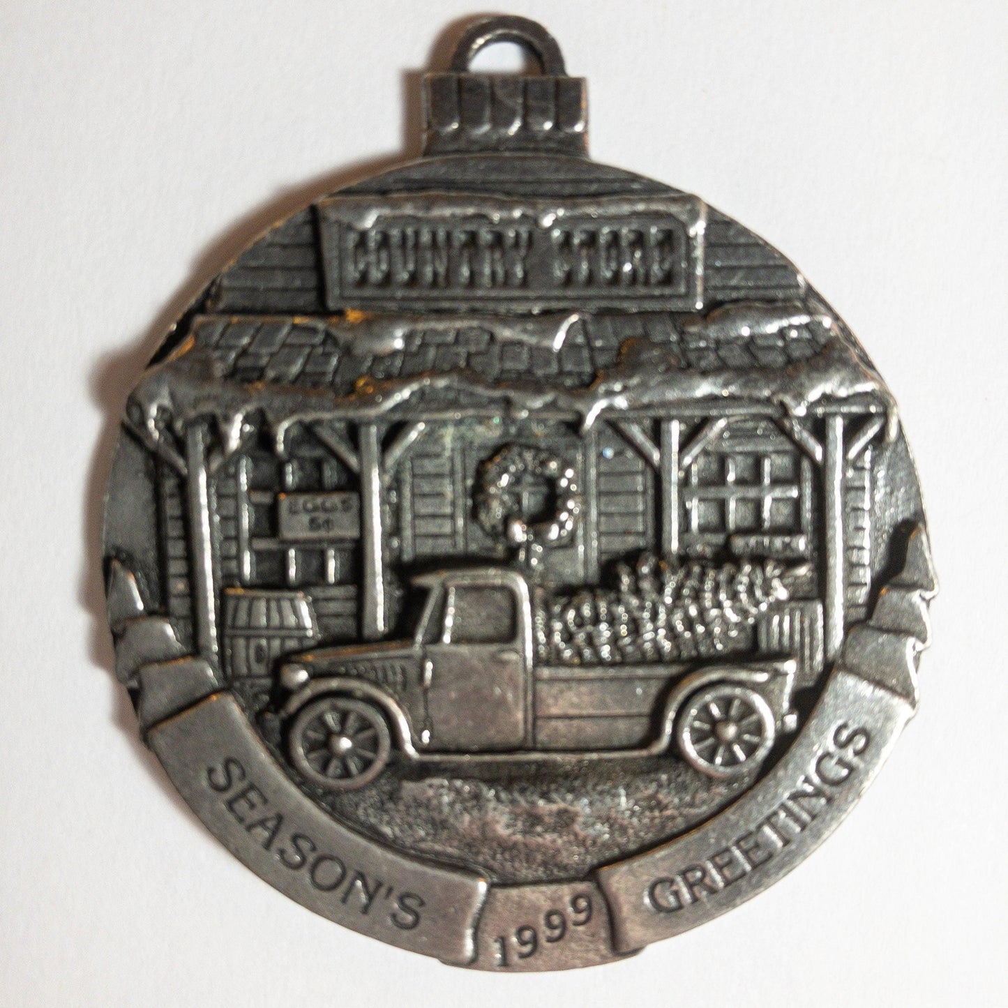 Pewter, Seasons Greetings, Country Store, Pickup & Christmas Tree, Vintage 1990, Ornament