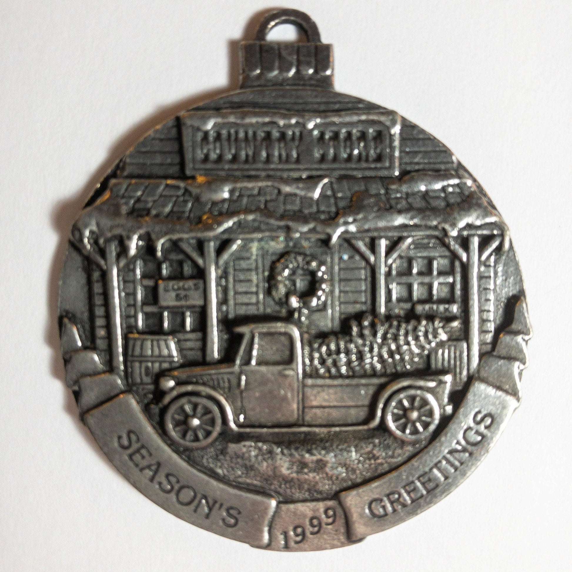 Pewter, Seasons Greetings, Country Store, Pickup & Christmas Tree, Vintage 1990, Ornament