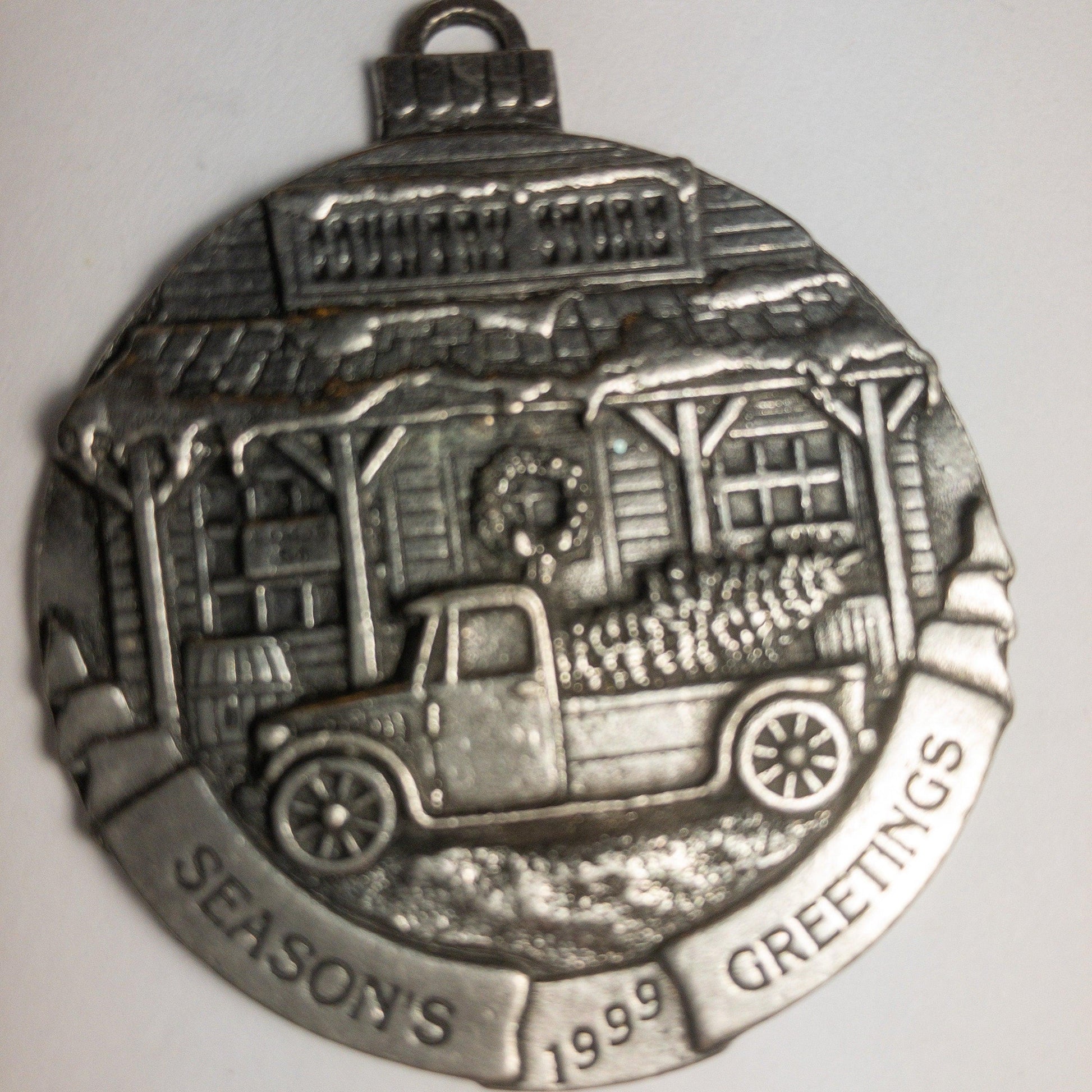 Pewter, Seasons Greetings, Country Store, Pickup & Christmas Tree, Vintage 1990, Ornament