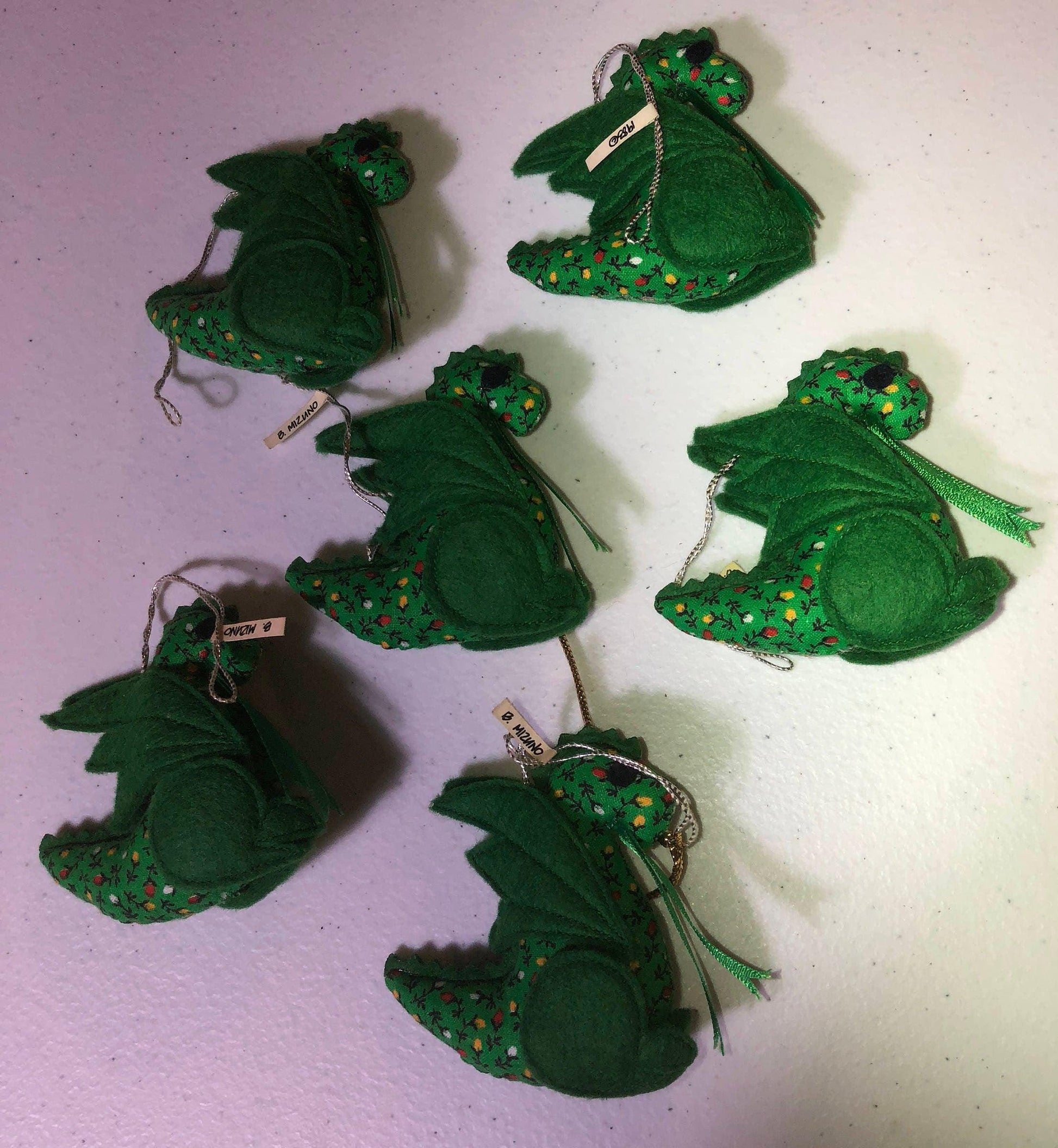 Set of 6, B Mizuno, Green Dragon, Vintage 1983, Christmas Ornaments