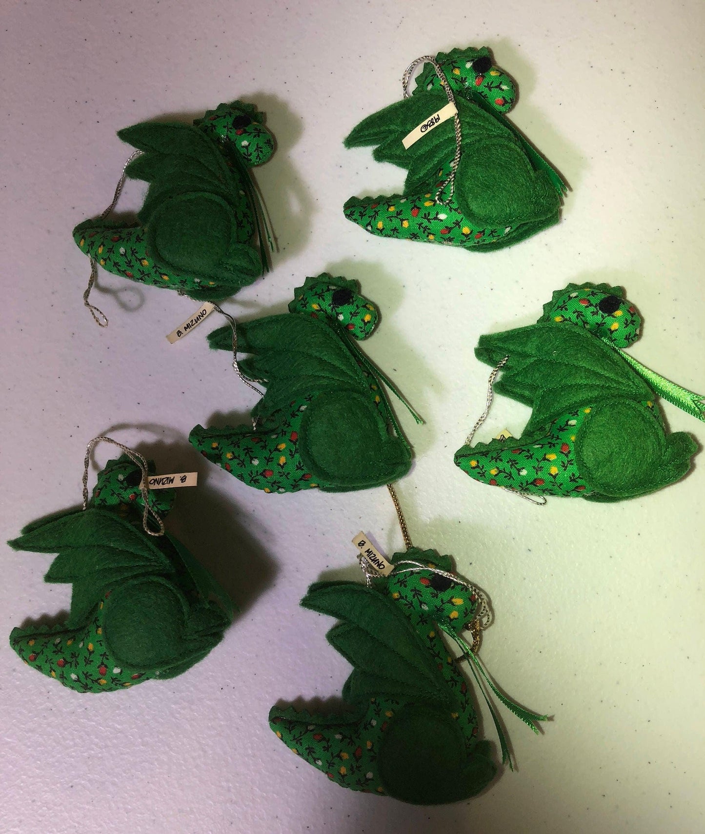 Set of 6, B Mizuno, Green Dragon, Vintage 1983, Christmas Ornaments