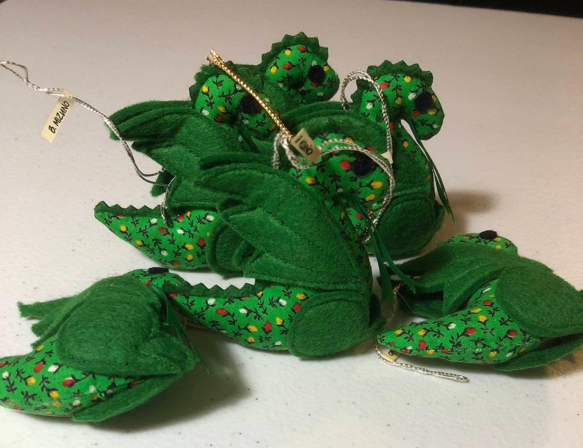 Set of 6, B Mizuno, Green Dragon, Vintage 1983, Christmas Ornaments