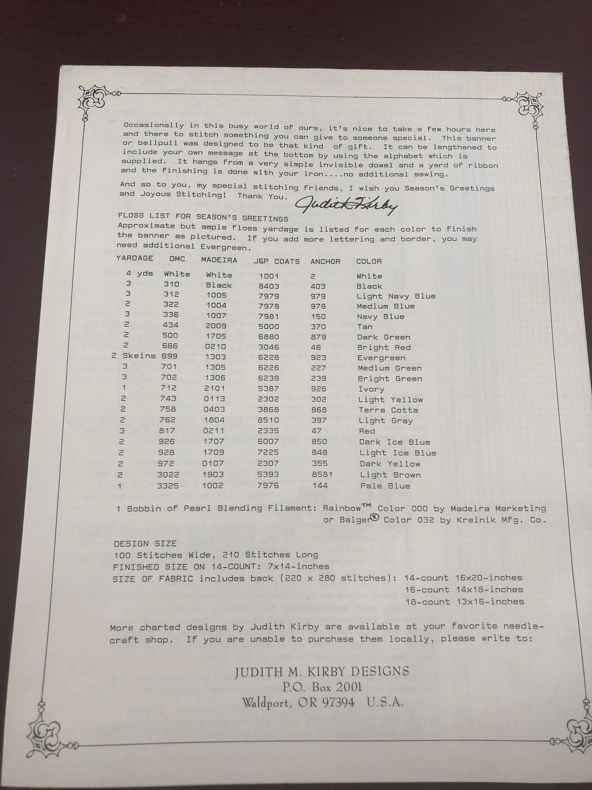 Judith M. Kirby's, Seasons's Greetings, Vintage 1996, Christmas, Counted Cross Stitch Pattern, Very Hard to Find