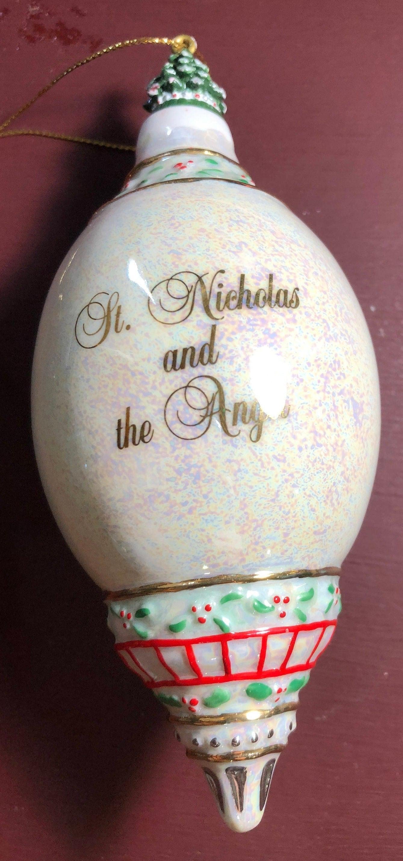 St. Nicholas and the Angel Vintage Ornament Depicting Little Angel patting Santas Cheek*