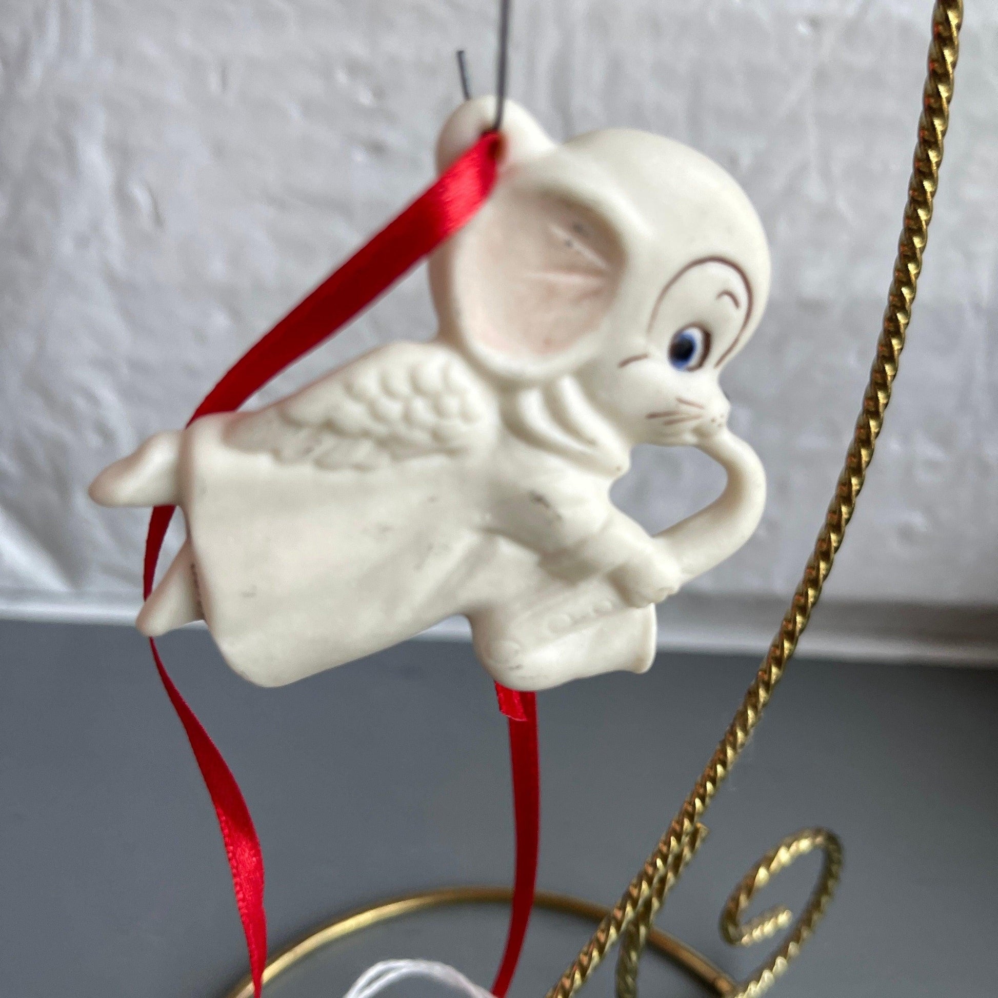 Sweet Little Blue Eyed Angel Mouse Playing Saxophone Vintage 1984, Porcelain Christmas Ornament