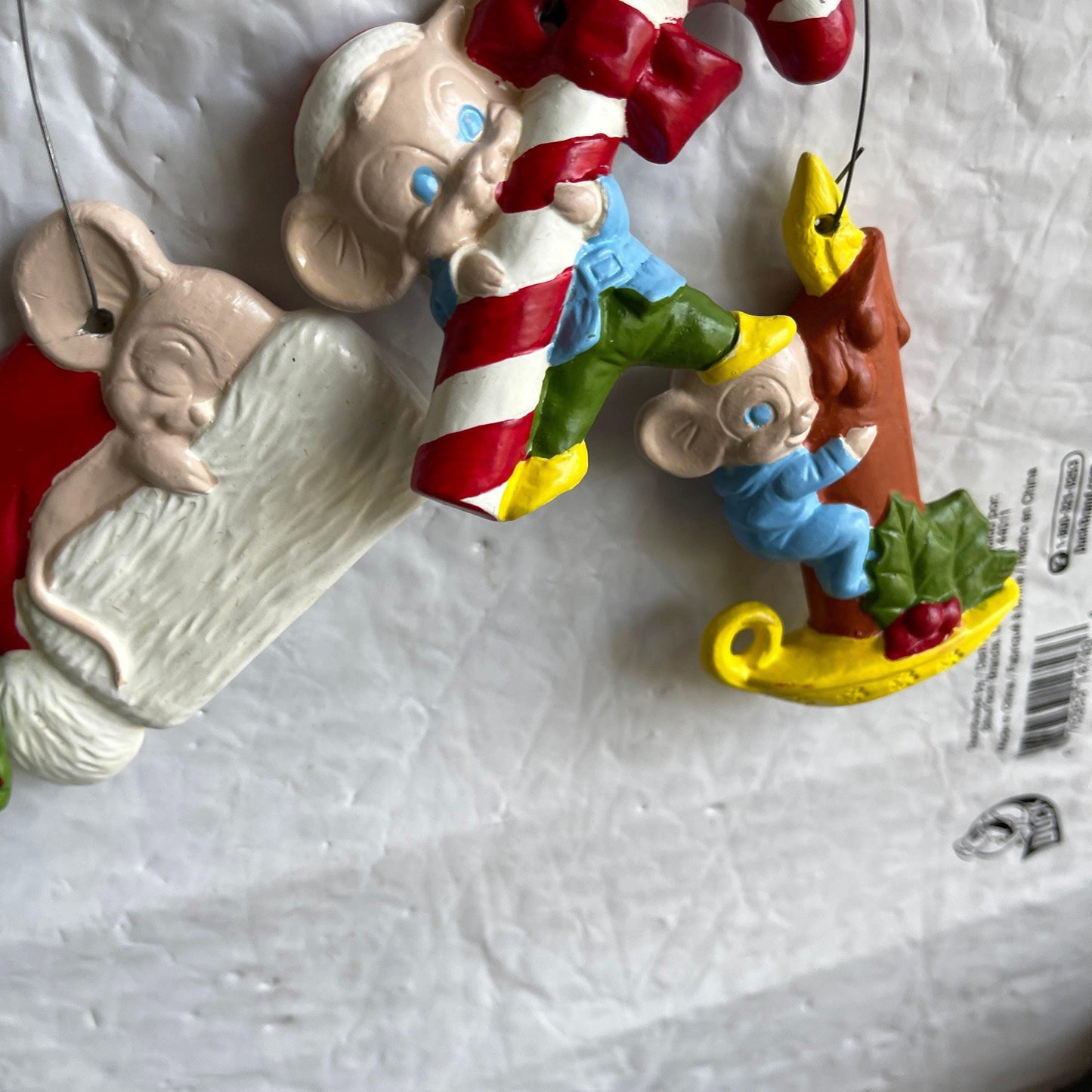 Very Cute Set Of 6 Mice Vintage Molded Plastic Christmas Tree Ornaments