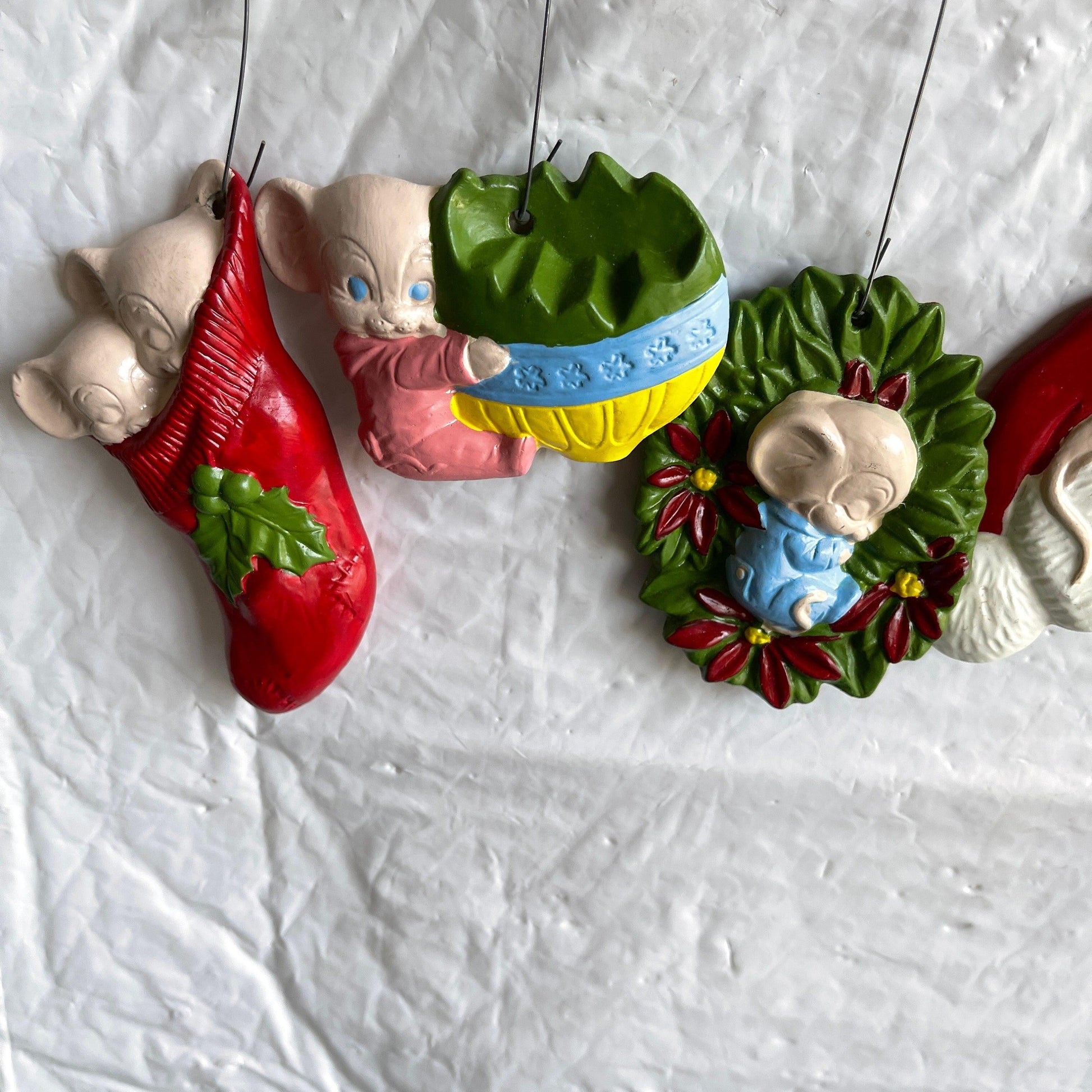 Very Cute Set Of 6 Mice Vintage Molded Plastic Christmas Tree Ornaments