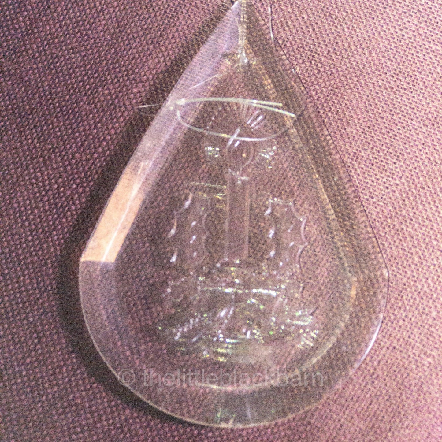 Candle with Flame and Holly Bow and Evergreens. In Shape of Teardrop , Vintage Acrylic Ornament