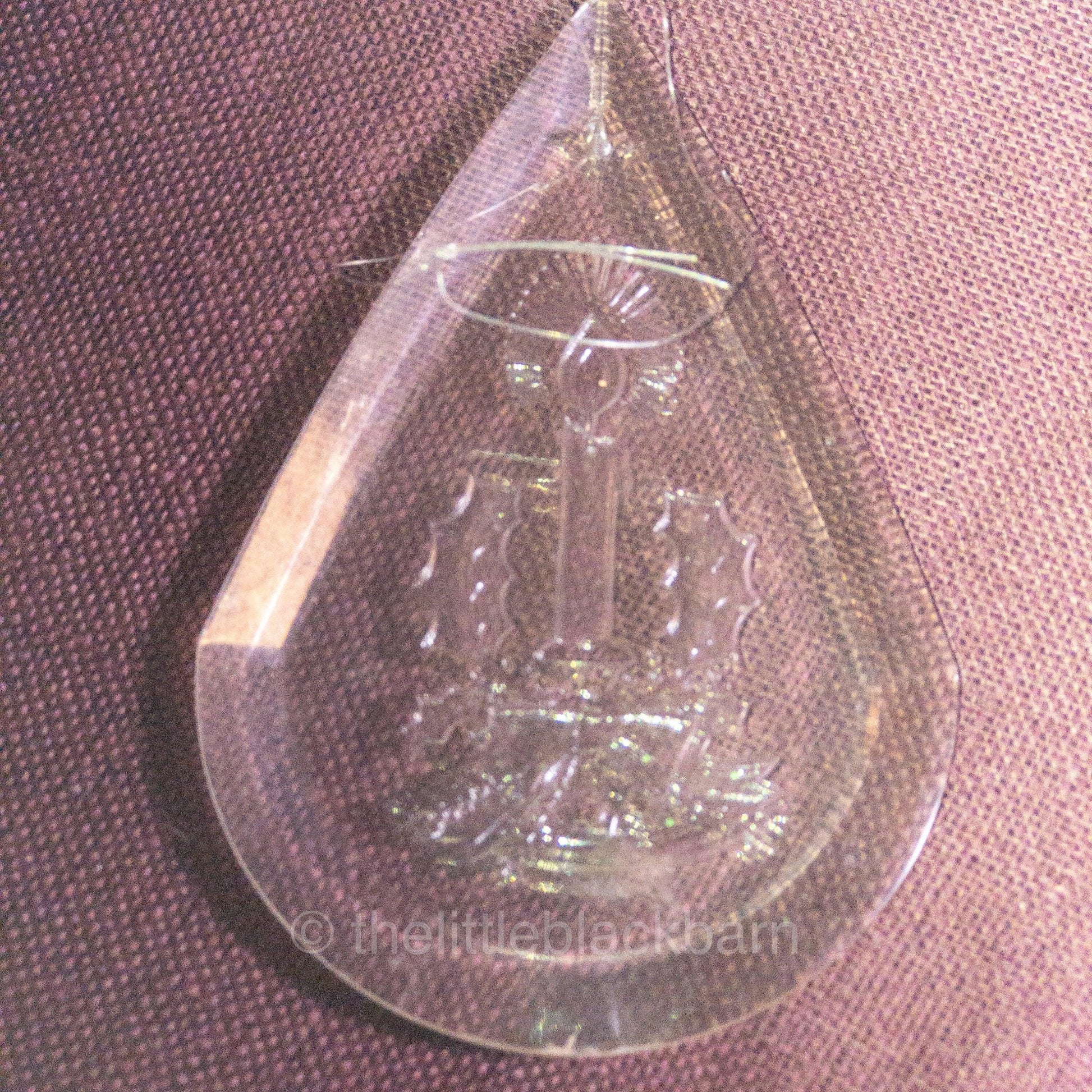 Candle with Flame and Holly Bow and Evergreens. In Shape of Teardrop , Vintage Acrylic Ornament