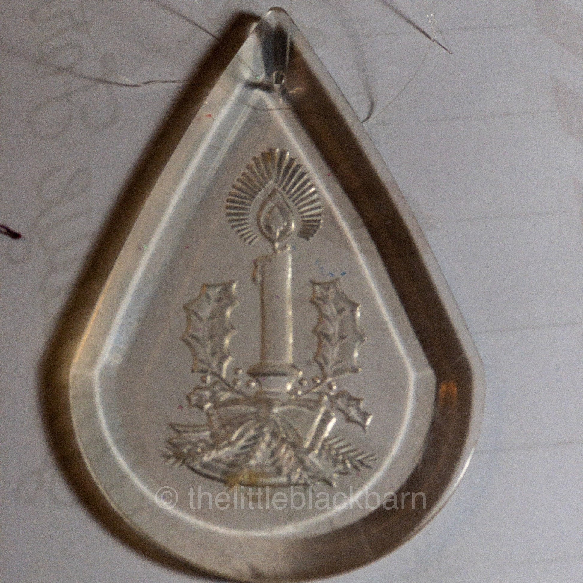 Candle with Flame and Holly Bow and Evergreens. In Shape of Teardrop , Vintage Acrylic Ornament