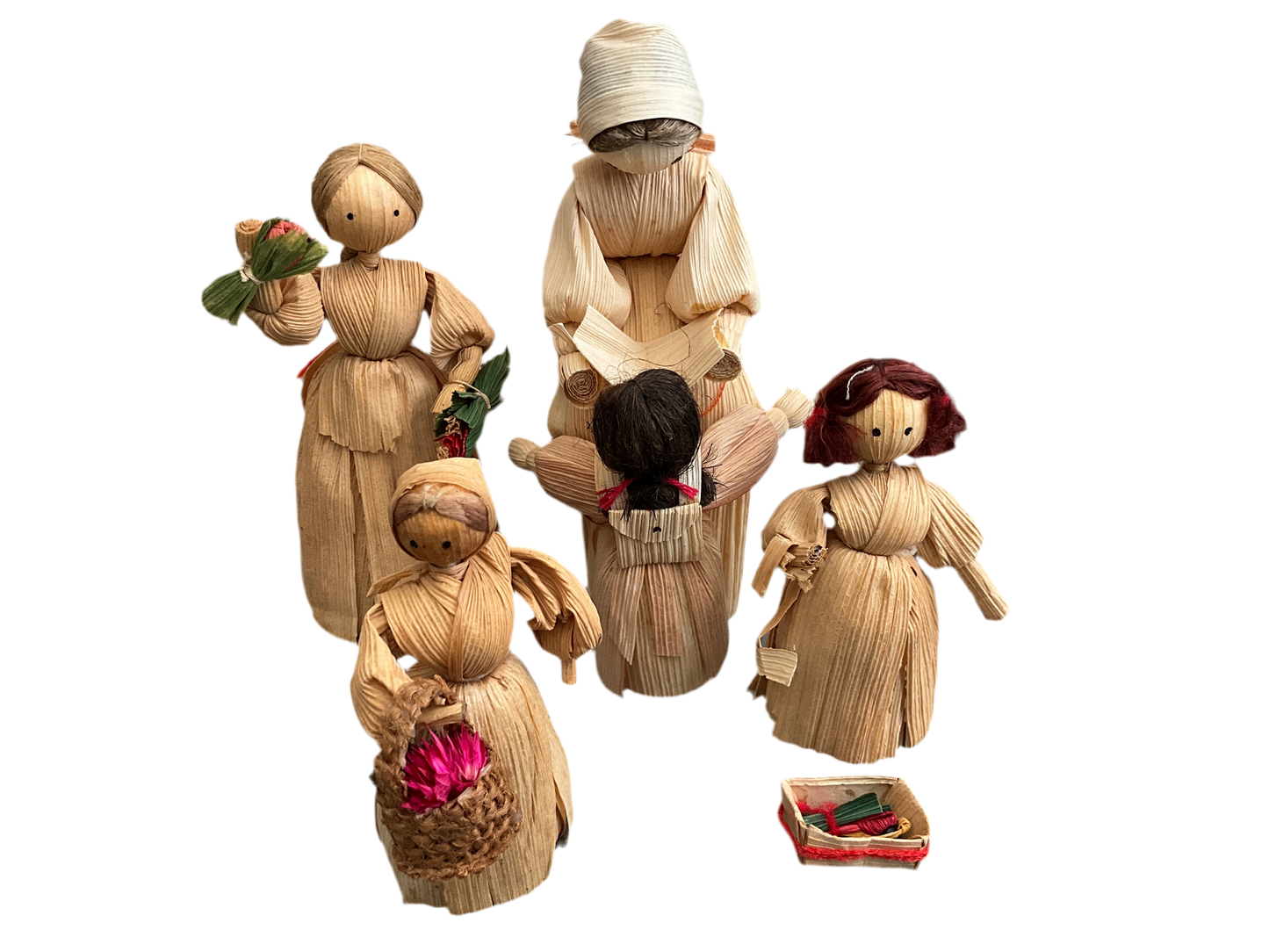 Charming corn husk doll set of set of 5 hand crafted ornaments