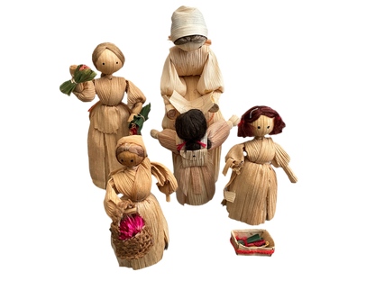 Charming corn husk doll set of set of 5 hand crafted ornaments