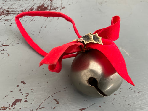 Cheerful chrome Christmas sleigh bell with red velvet bow & leaves vintage ornament