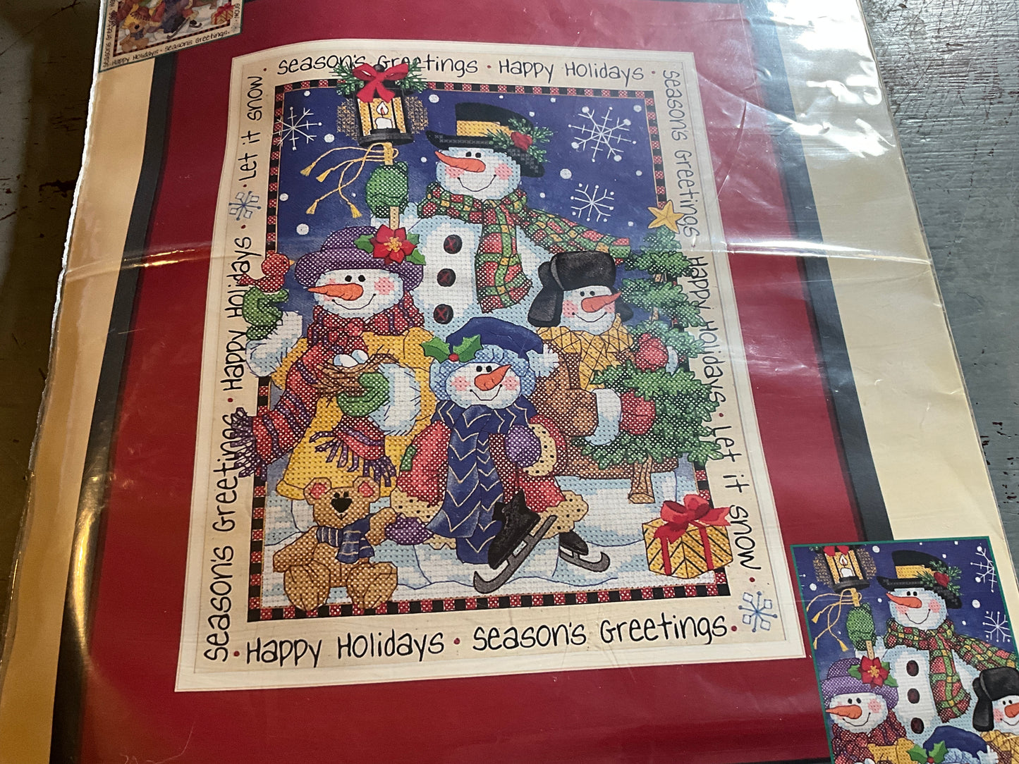 Bucilla Snowmen Greetings stamped cross stitch kit