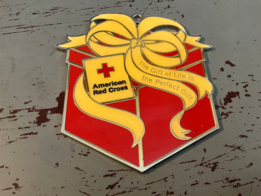 American Red Cross wrapped Christmas gift metal ornament