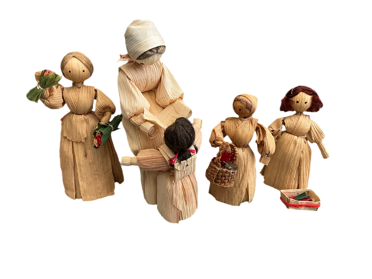Charming corn husk doll set of set of 5 hand crafted ornaments