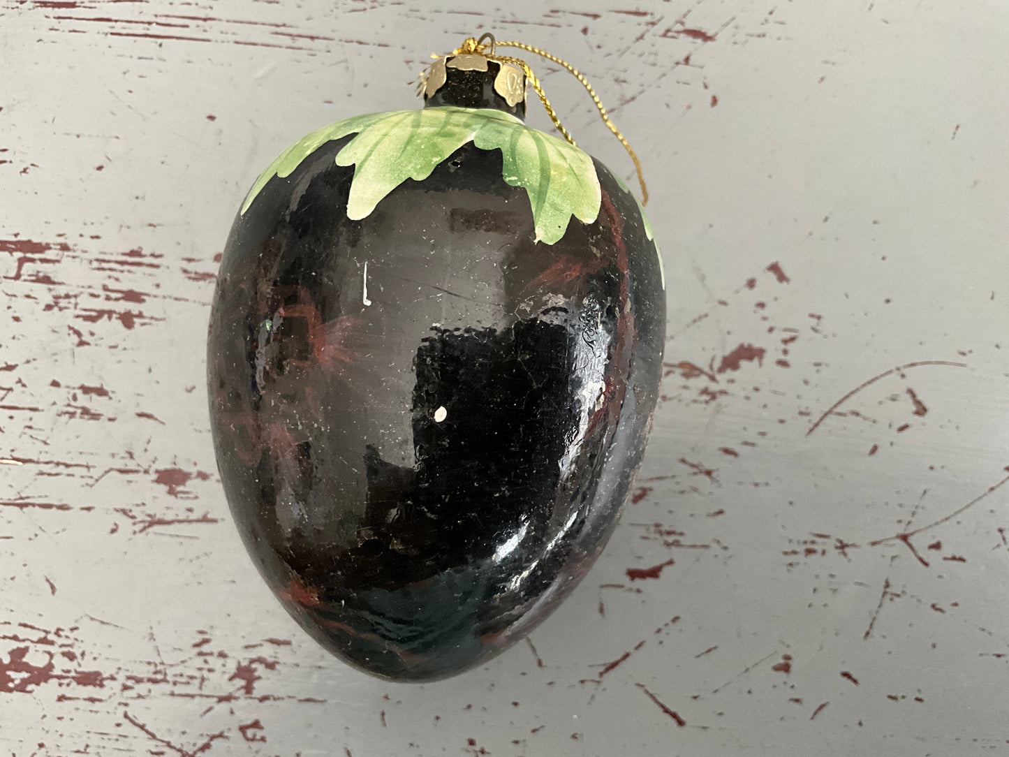 Elegant eggplant with hand painted leaves Christmas holiday ornament
