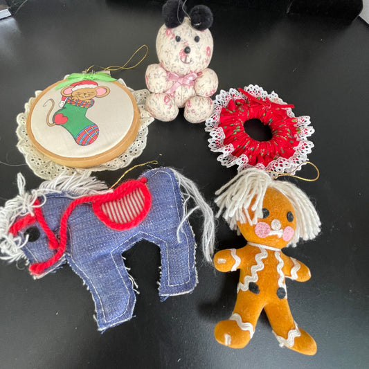 Fun crafting themed set of 5 vintage cloth ornaments mouse in hoop, gingerbread man, horse, teddy bear, and wreath