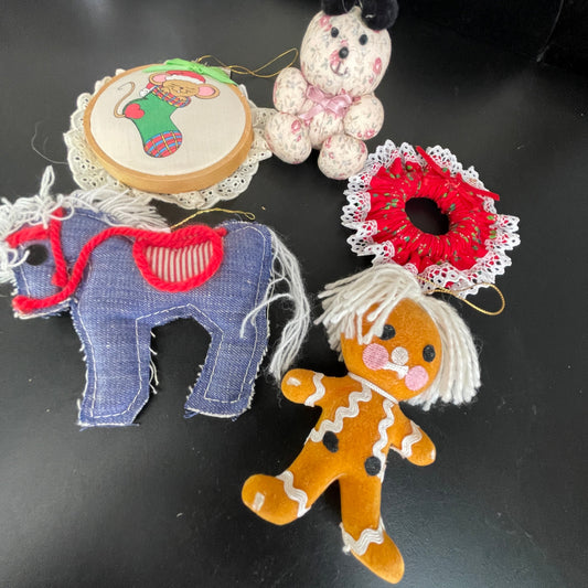 Fun crafting themed set of 5 vintage cloth ornaments mouse in hoop, gingerbread man, horse, teddy bear, and wreath
