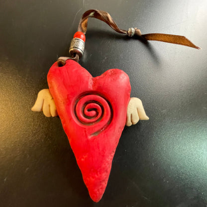 Winged Heart deep red with swirl and beaded hanger ribbon collectible ornament