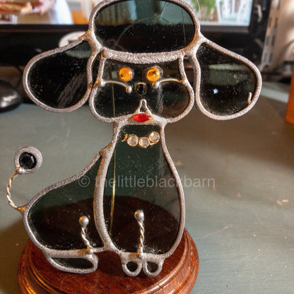 Stained Glass Puppy, Vintage Blue Glass With Red Lips and Yellow Eyes Ornament*