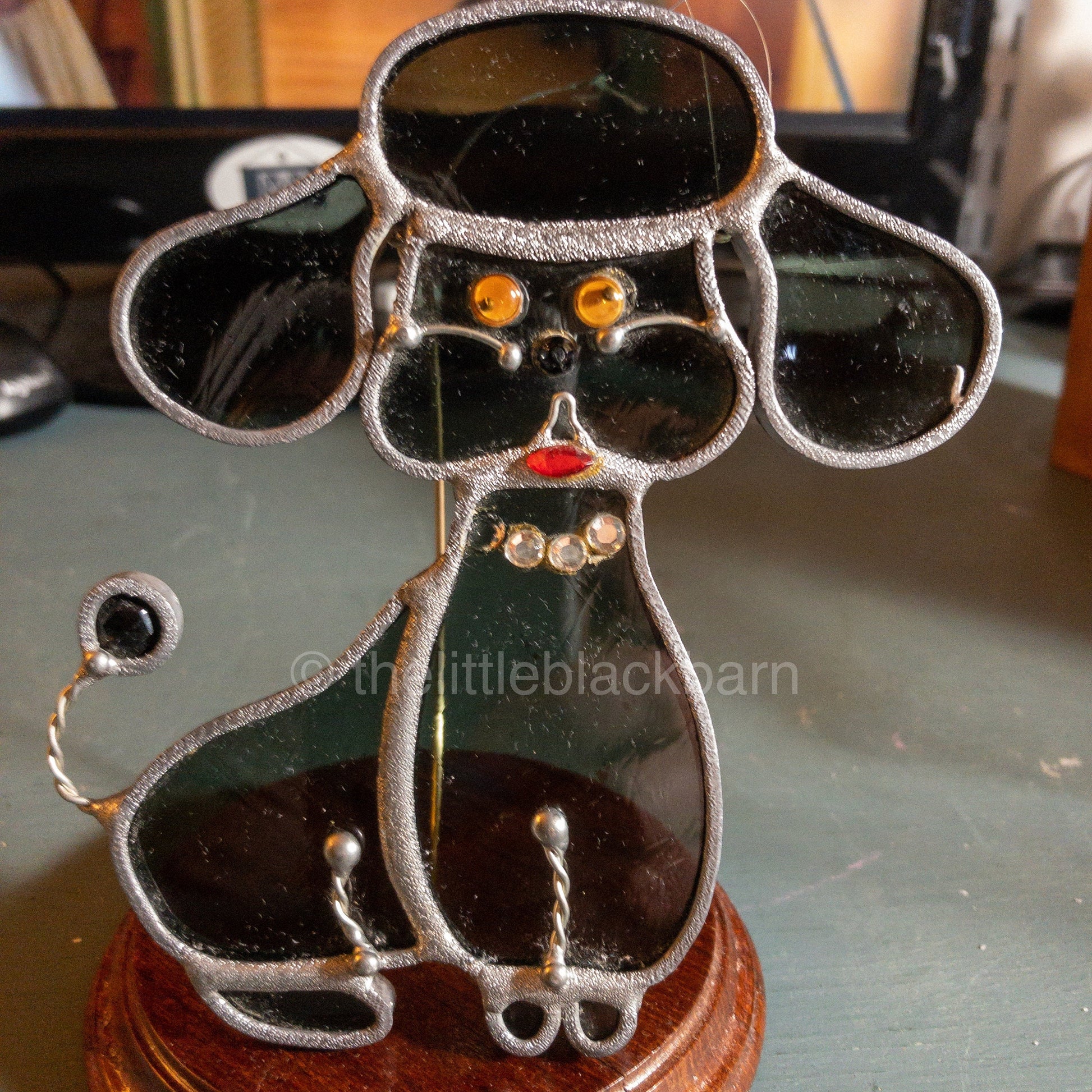 Stained Glass Puppy, Vintage Blue Glass With Red Lips and Yellow Eyes Ornament*