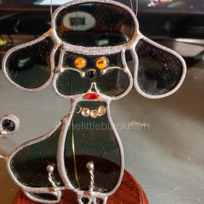 Stained Glass Puppy, Vintage Blue Glass With Red Lips and Yellow Eyes Ornament*