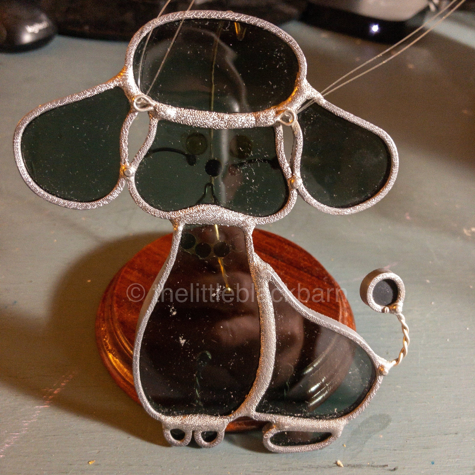 Stained Glass Puppy, Vintage Blue Glass With Red Lips and Yellow Eyes Ornament*